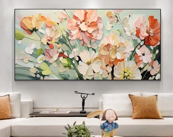 Original Abstrakte Bunte Blumen Ölgemälde Auf Leinwand, Blüten Malerei, Blumen Gemälde, Große Wand Kunst, Wohnzimmer Wand Dekor