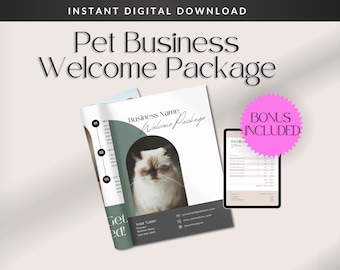 May include: An instant digital download titled "Pet Business Welcome Package." The package includes a brochure with a cat image and a tablet with an invoice. A pink circle with "BONUS INCLUDED" is also present.