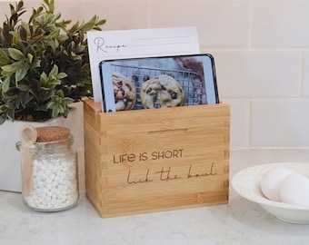 Bamboo Recipe Box: 'Life is short, lick the bowl' - Includes 4"x6" Dividers & Recipe Cards