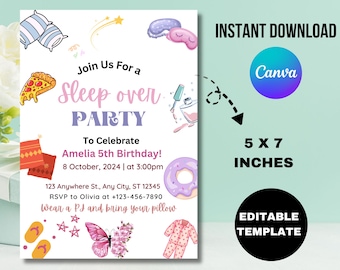Invitación de cumpleaños para fiesta de pijamas, fiesta de pijamas rosa, editable (descarga digital)