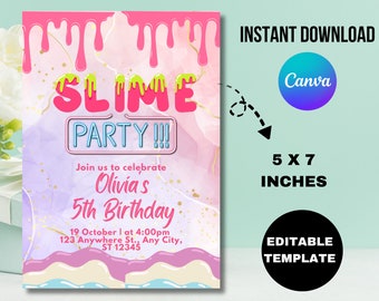 Slime Party Invitation, Glitter, Editable Canva Template (Digital Download)