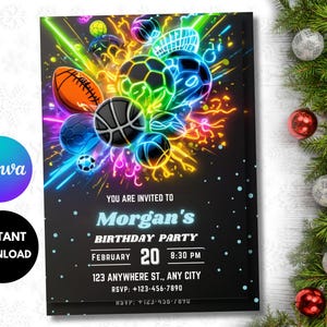 Convite esportivo editável, convites esportivos neon, folheto esportivo, convite temático esportivo, modelo de convite esportivo ALL STAR Glow para download instantâneo