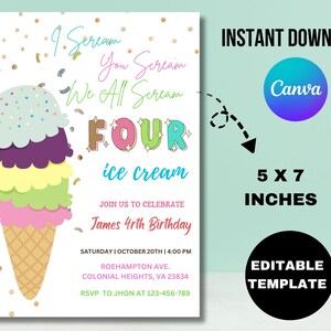 Editable Ice Cream Birthday Invitation 4th Birthday Party Here&#39;s the Scoop Cone Pink Mint Gold Purple Printable Editable Download