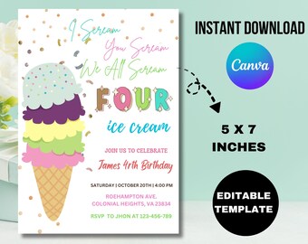 Ice Cream 4th Birthday Invitation, Editable Cone Party (Digital Download)