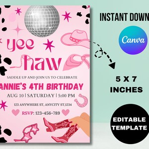 Pink Cowgirl Birthday Party Invitation Template, Yee Haw Cowgirl Party, Rodeo Birthday, Girl Birthday Party, Let&#39;s Go Girls, Any Age