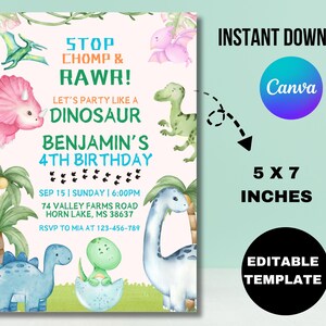 Editable Dinosaur Birthday Party Invitation Template, Dinosaur Birthday Invitation, Dinosaur thank you tag