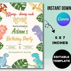 Editable Dinosaur Birthday Party Invitation Template, Dinosaur Birthday Invitation, Dinosaur thank you tag