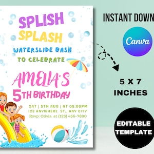 Waterslide Geburtstagseinladung Junge Mädchen 1. Geburtstagsfeier einladen Rosa Wasserrutsche Sommer Pool Party Splish Splash Bash EDITIERBARE BT77P