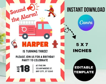 Editable Firetruck Birthday Invitation, Canva Template (Instant Download)