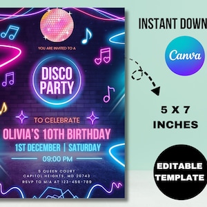 Disco Party Birthday Invitation, Editable Glow Party, Disco Gender Neutral Invites, Dance Party Template, Neon Party Invites