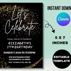 Minimalistisch Lassen Sie uns Feiern Einladung Vorlage Bearbeitbar Überraschung Geburtstagsfeier einladen Druckbar Baby Shower Party Jedes Alter Gold Glitzernd