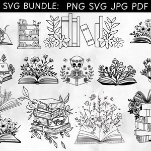 Floral boek SVG, boek Svg bundel, boeken met bloemen Svg, leesboek Svg, wilde bloemen boek bundel svg, open boek svg, stapel boeken svg