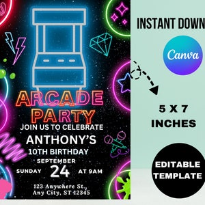 Arcade Birthday Invitation Template, Arcade Invitation, Neon Glow Invite, Arcade Party, Boys Gamer Party, Video Game Party, Editable Canva