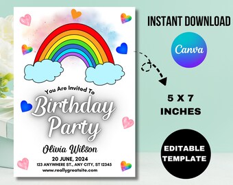 Invitación de cumpleaños arcoíris para niña, corazones rosas y dorados (plantilla editable de 5x7)
