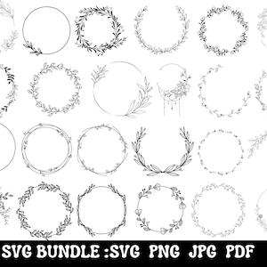 Krans-svg-bundel | Cirkel svg-bundel | Bloemenkrans-svg | Hart lauwerkrans svg | Bruiloft krans svg | Krans monogram svg cirkel png