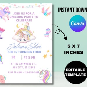 Editable Unicorn Birthday Invitation Magical Party Invite Girl Pink Pastel First Digital Unicorn Party Template Rainbow Download