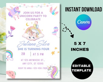 Editable Unicorn Birthday Invitation, Pink Pastel Rainbow (Digital Download)