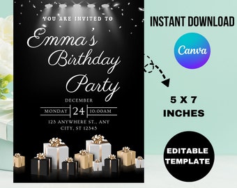 Invitación de cumpleaños totalmente negra, vestimenta formal, plantilla editable (5x7) (descarga digital)