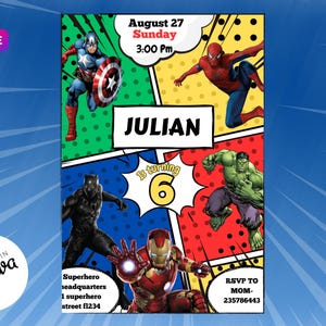 Modelo editável de convite de aniversário de super-herói, convite digital de super-herói dos Vingadores, cartão de convite de super-herói para download instantâneo