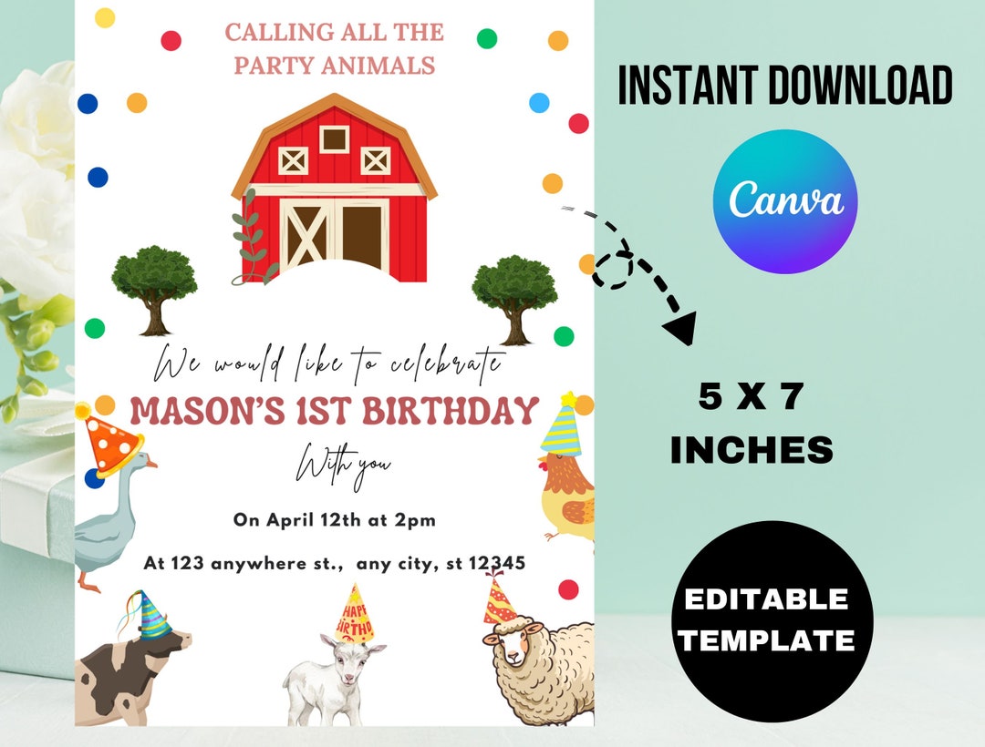 Editable Farm Animals Birthday Invitation Boy Farm Barnyard First ...