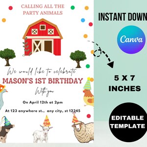 Editable Farm Animals Birthday Invitation Boy Farm Barnyard First ...