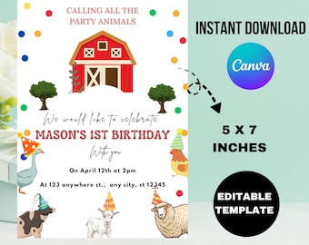 Farm Animals Birthday Invitation, Barnyard First Birthday (Download Template)