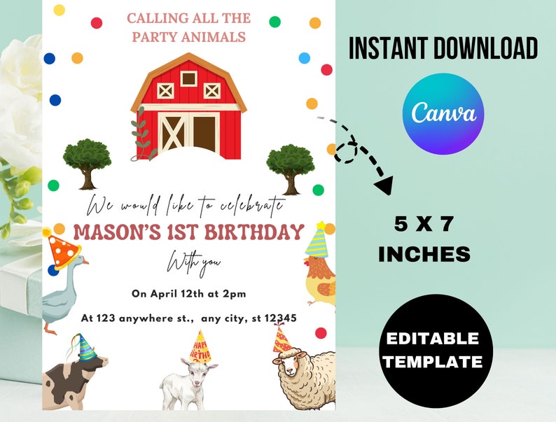 Editable Farm Animals Birthday Invitation Boy Farm Barnyard First ...