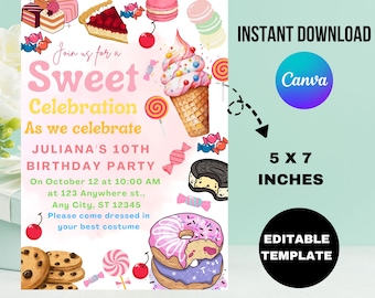 Candyland Birthday Invitation: Sweet Celebration, Blush Pink (Editable Template)
