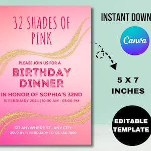 Editable Shades of Pink Invitation, Agate Birthday Dinner Invitation, Printable