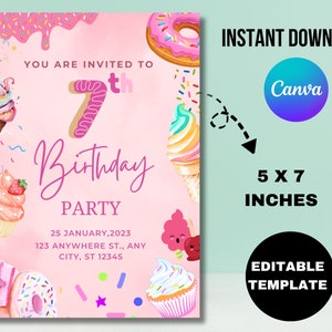 Bewerkbare 7e verjaardagsuitnodiging Glitter zevende verjaardagsuitnodiging bewerkbare meisjes uitnodiging regenboog folie pastel meisje zevende verjaardag