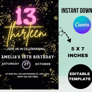 EDITABLE Neon Birthday Invitation, Pink Birthday Invitation, 13th Birthday Invitation, Birthday Invitation, 14 Year Old Girl Birthday