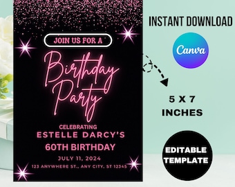 Pink Birthday Party Invitation, Editable Template (Instant Download)