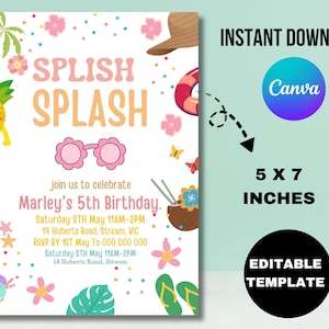 Editable Splish Splash Birthday Invitation Pool Party Girl Summer Waterslide Water Party Pink Download Printable Invite Template