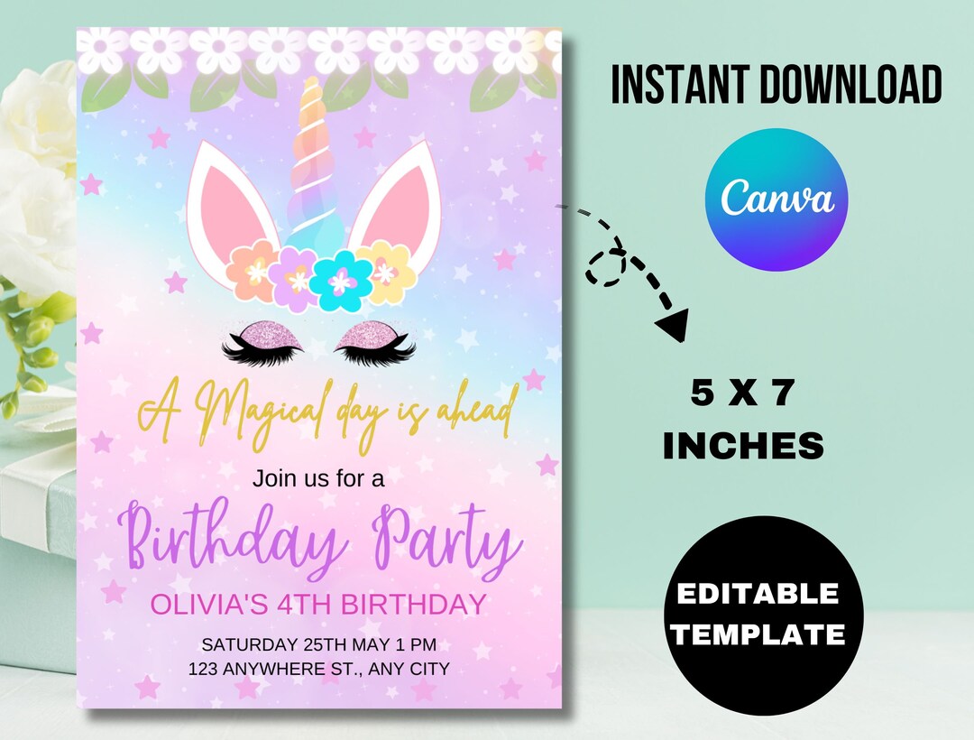 Editable Unicorn Birthday Invitation Template, Thank You Tags - Etsy