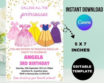 May include: A printable invitation for a princess-themed birthday party. The invitation features a gold glitter background with stars and four princesses in colorful dresses. The text reads "Calling all the princesses" and "Angela 3rd Birthday".