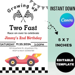 TWO Fast Birthday Invitation Vintage Race Car Birthday Two Fast Birthday Invite Retro Race Car Birthday Editable Digital Download Invitation