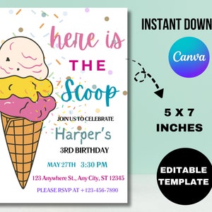Editable Ice Cream Birthday Invitation 4th Birthday Party Here&#39;s the Scoop Cone Pink Mint Gold Purple Printable Editable Download