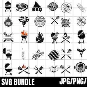 May include: A black and white digital download bundle of 30 BBQ SVG designs. The designs include various grilling and barbecue related images, such as grills, skewers, flames, and text.