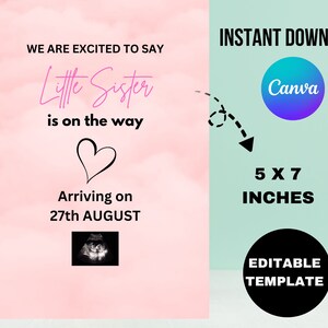Girl Pregnancy Announcement Digital Baby Announcement Girl Gender Reveal Social Media Reveal Editable Template Its a Girl Little Sister