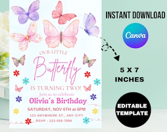 Invitación de cumpleaños con mariposas para niña / Plantilla para fiesta (Digital)