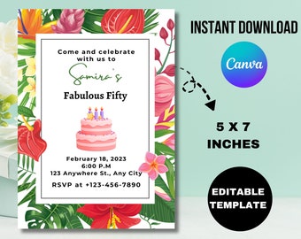 Floral Birthday Invitation, Wildflower Design (CANVA EDITABLE, Instant Download)