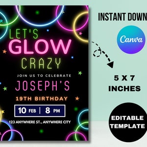 Glow Party Birthday Invitation, Glow Invitation, Girl, Boy, Neon Party Invite, Neon Lights, Glow Party Template, Editable Canva