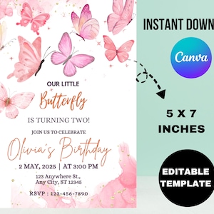 EDITABLE Butterfly Birthday Invitation Template, Pink Butterfly Kisses Invite, Girl First Birthday, Butterfly Party Download - Bella
