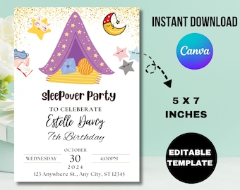 Faire-part d'anniversaire pour une soirée pyjama, soirée pyjama pour fille, tente glamping (imprimable numérique)