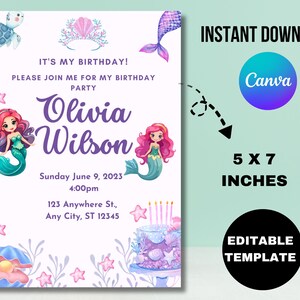 Mermaid Tail Birthday Invitation, Under the Sea Birthday Invitation Girl, Editable Birthday Template, Purple Teal Mermaid Birthday