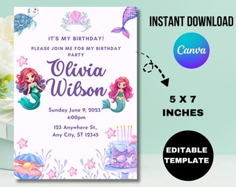 Mermaid Birthday Invitation, Under the Sea Party, Editable Template (5x7) (Digital Download)
