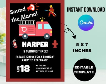 Firetruck Birthday Invitation, Editable Template (Digital Download)
