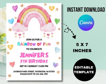 Invitación de cumpleaños arcoíris, corazones con nubes rosas y doradas (editable, 5x7, descarga digital)