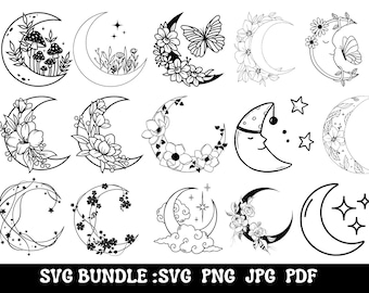 Moon SVG Bundle, Floral Moon svg, Mystic Celestial Svg, Moon and Stars SVG, Crescent Moon Svg, Flower svg, Cut File for Cricut, Silhouette