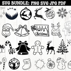May include: A set of 20 black and white Christmas-themed SVG cut files. The designs include a Christmas tree, a snowman, a reindeer, a bell, a stocking, a star, a candy cane, a gingerbread man, a gift box, a wreath, a snowflake, a Santa Claus, a Christmas ornament, and a sign that says "Merry Christmas".